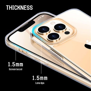 Pu&ograve; includere: Una custodia per telefono trasparente con un bordo rialzato attorno all'obiettivo della fotocamera e allo schermo. La custodia &egrave; spessa 1,5 mm attorno allo schermo e 1,5 mm attorno all'obiettivo della fotocamera. Il testo "THICKNESS" &egrave; visibile nella parte superiore dell'immagine.