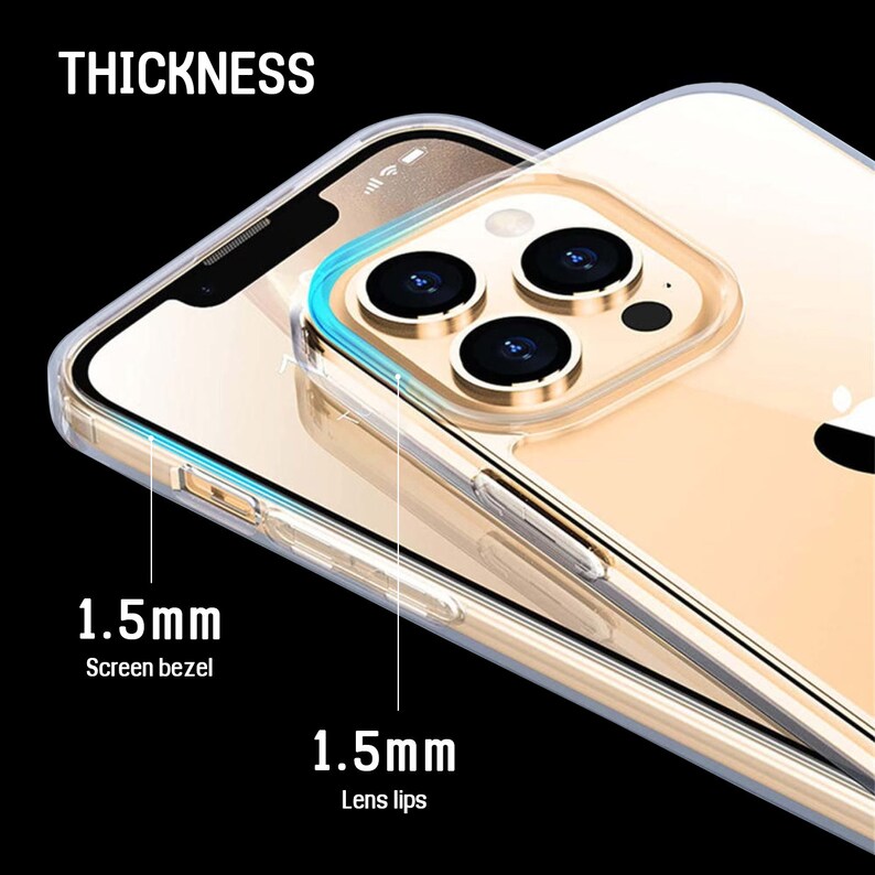 Pu&ograve; includere: Una custodia per telefono trasparente con un bordo rialzato attorno all'obiettivo della fotocamera e allo schermo. La custodia &egrave; spessa 1,5 mm attorno allo schermo e 1,5 mm attorno all'obiettivo della fotocamera. Il testo "THICKNESS" &egrave; visibile nella parte superiore dell'immagine.