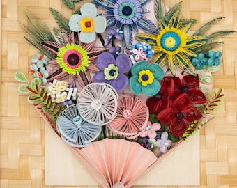 Framed Paper Quilling 3D Flowers in basket Wall Art, Perfect gift for any occasion.