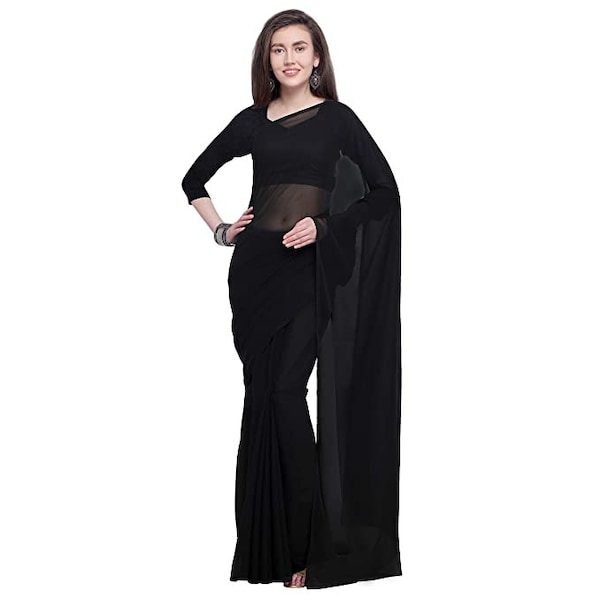 Saree indien uni en georgette pour femmes avec pièce de chemisier non cousue uni pour femmes couleur noir