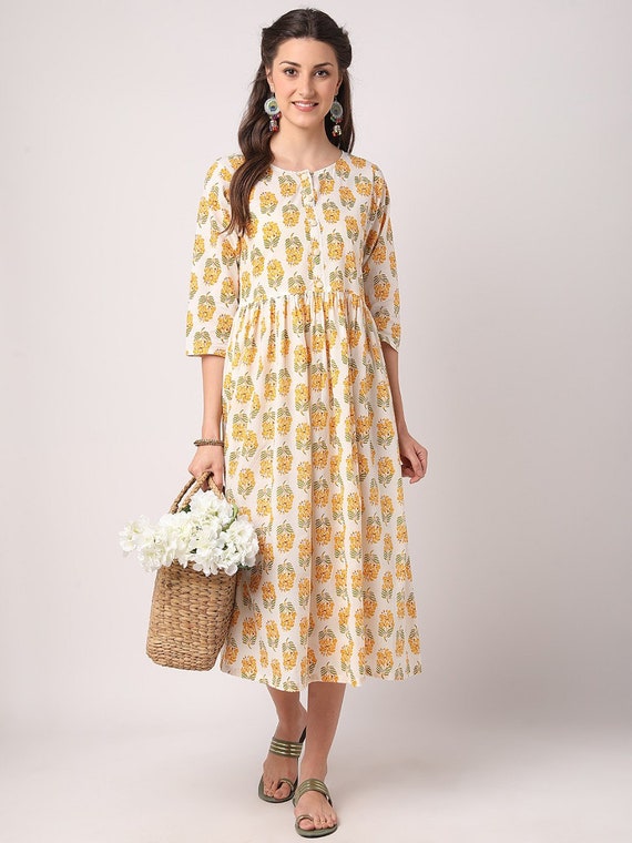 Women S Cotton A Line One Piece Western Dress Calf Long Etsy