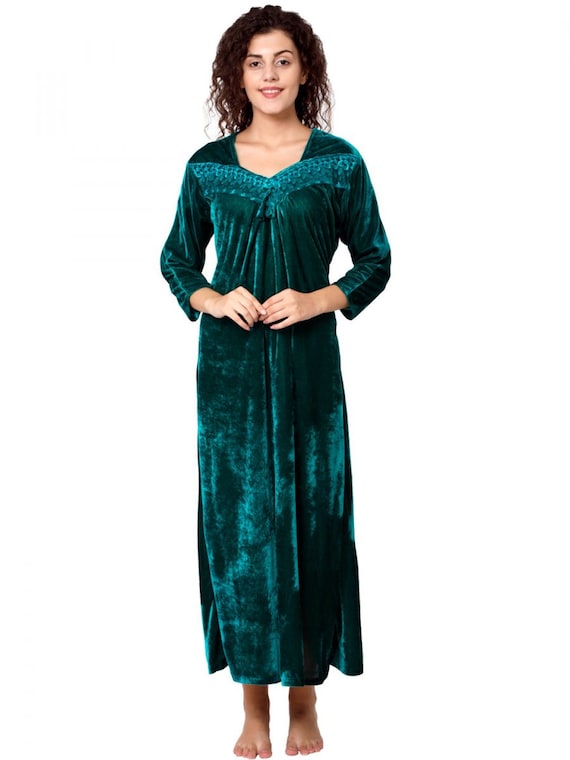 Women's Winter Velvet Full Sleeve Soft Sleepwear Nighty, Maxi for Women and  Ladies Free Size Bottle Green Color 