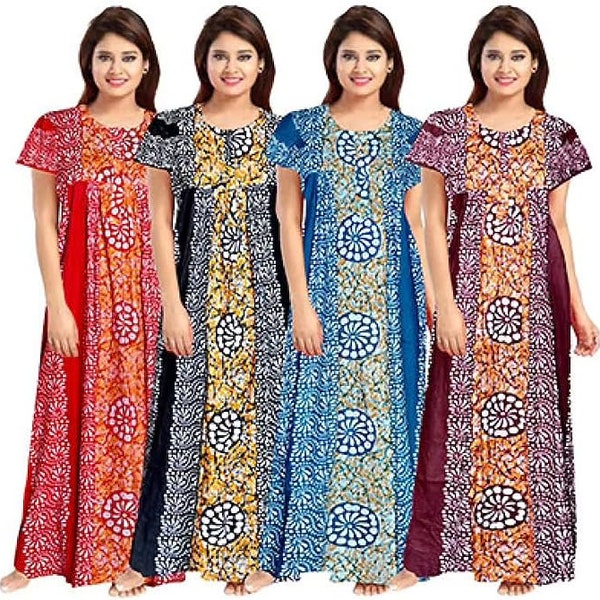 Women's 100% Cotton Batik Print Ankle Length Maxi Nighty Soft Fabric Nightgown,Sleepwear comfortable,wear for women( Multicolor )