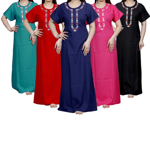Buy Cotton Blend Lizzy Bizzy Plain Nighty Neck embroidered Maxi