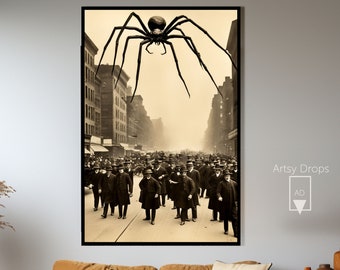 Op de afbeelding: Een zwart-witfoto van een gigantische spin die boven een straat vol mensen hangt. De spin bevindt zich in het midden van de afbeelding en de mensen lopen over straat. De foto is in een zwart frame.