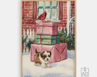 Puede incluir: Impresión en acuarela de un cachorro en la nieve con regalos envueltos. Un cardenal rojo se posa sobre los regalos. Los regalos son rosas y verdes, y el fondo presenta un edificio de ladrillo y una ventana.