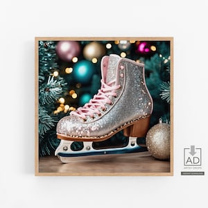 Sparkly Pink Glitter Ice Skating Digital Art Print, Festive Holiday Decor, Colorful Christmas Wall Art, Winter Wonderland Poster