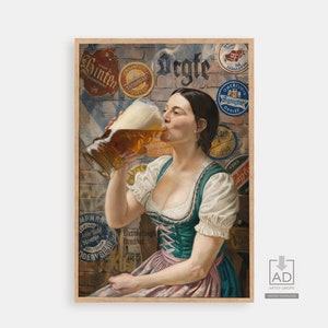Vintage bierposter vrouw bier drinken klassieke brouwerij muurkunst retro pub decor digitale print bierliefhebber cadeau