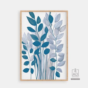 Modern Abstract Leaf Wall Art, Digital Download Botanical Print, Blue and White Leaf Artwork for Home Decor