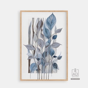 Blue Leaves Digital Art Print, Minimalist Wall Art, Modern Botanical Print, Nature Inspired Decor, Vertical Artwork, Instant Download