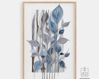 Blue Leaves Botanical Art Print: Minimalist Modern Decor (Digital Download)