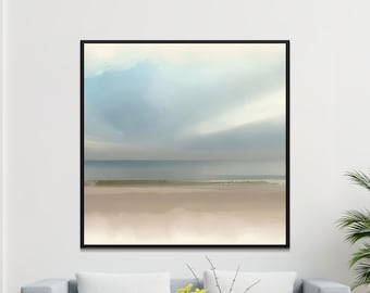 Puede incluir: Una pintura abstracta enmarcada que representa una escena de playa con un cielo azul, un mar azul claro y una playa de arena.