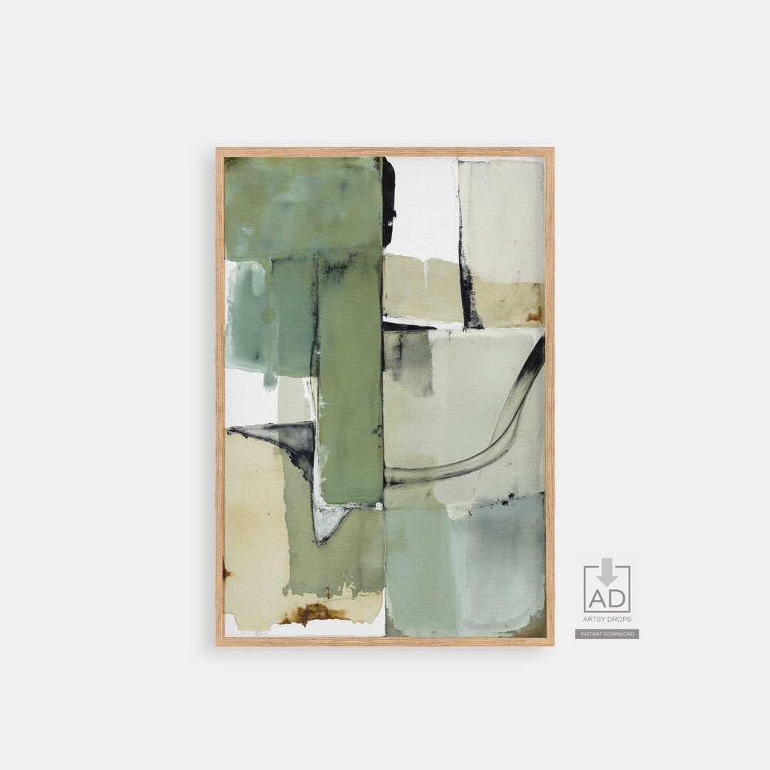 Abstract Green Geometric Art Print: Modern Beige Shapes (digital ...