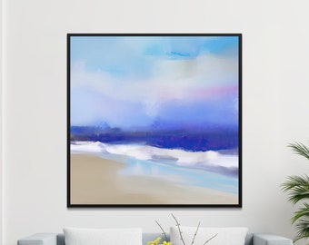 Puede incluir: Una pintura abstracta enmarcada que representa un paisaje marítimo con olas azules y blancas rompiendo en una playa de arena. El cielo es azul claro con nubes blancas.
