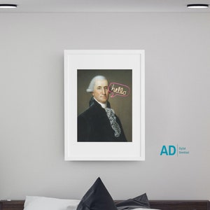 a picture of a man in a suit on a wall above a bed