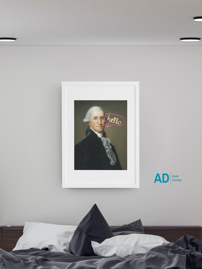 a picture of a man in a suit on a wall above a bed