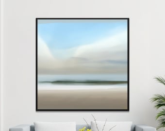 Puede incluir: Una pintura abstracta enmarcada que representa una escena de playa con un cielo azul, nubes blancas y una playa de arena. La pintura está en un marco negro y está colgada en una pared blanca.