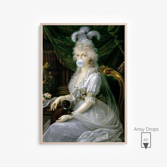 ロココ調の風船ガムを吹く女性の絵画 - フランスのヴィンテージ肖像画