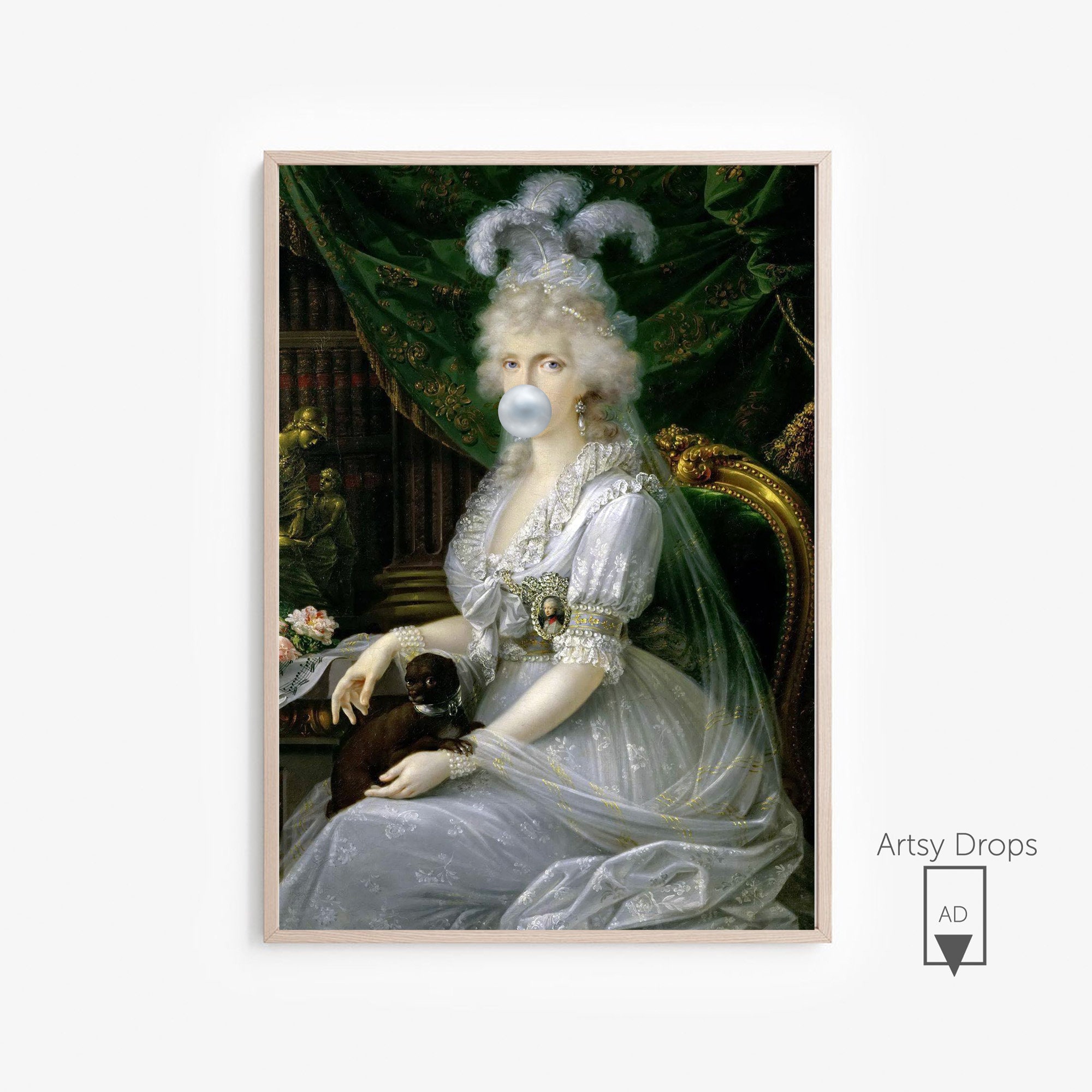 ロココ調の風船ガムを吹く女性の絵画 - フランスのヴィンテージ肖像画