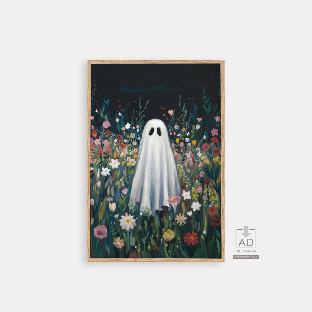 Whimsical Ghost Art Print, Spooky Flower Field Illustration (digital ...