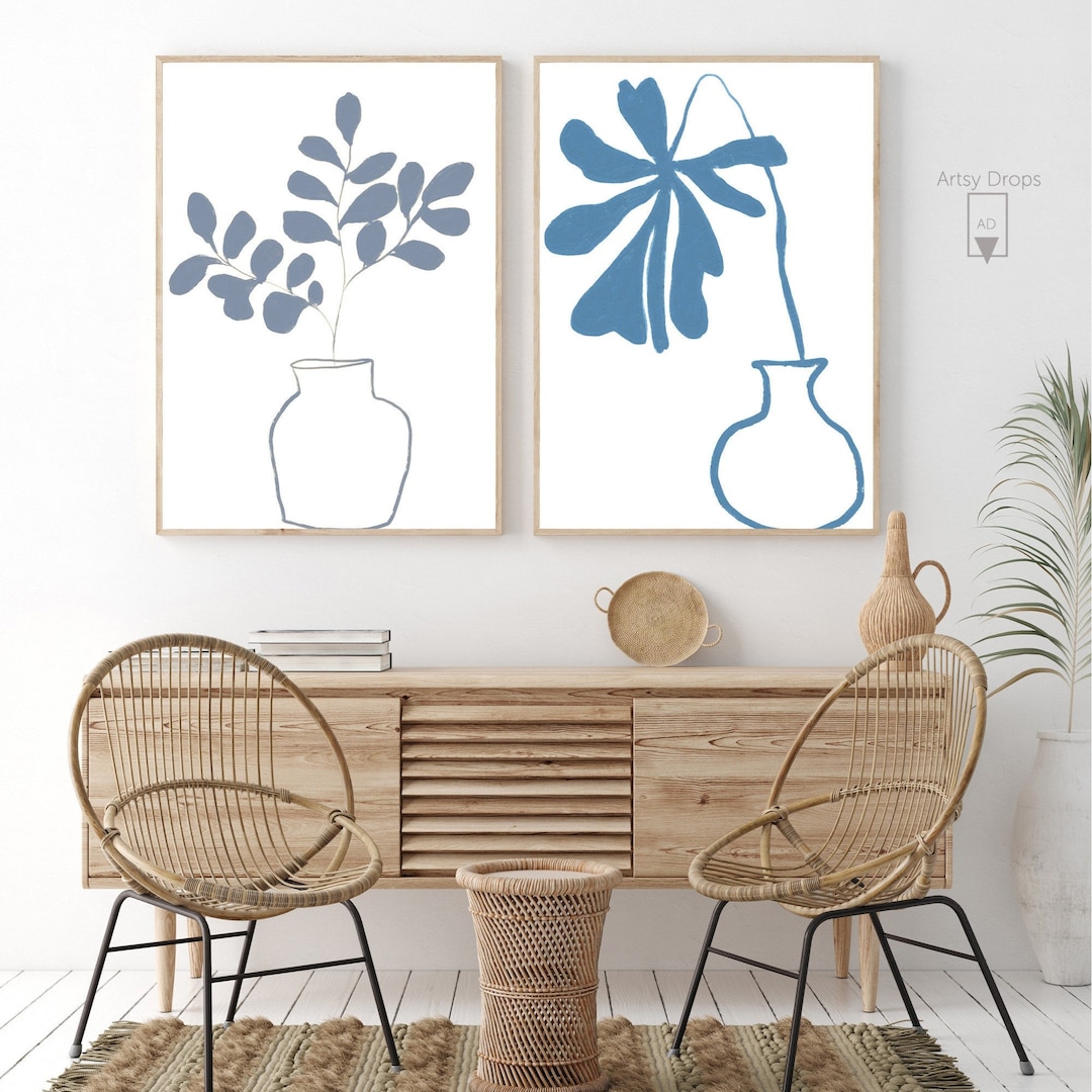 Minimalist Blue Boho Flower Art Prints - Floral Abstract Gallery Wall ...