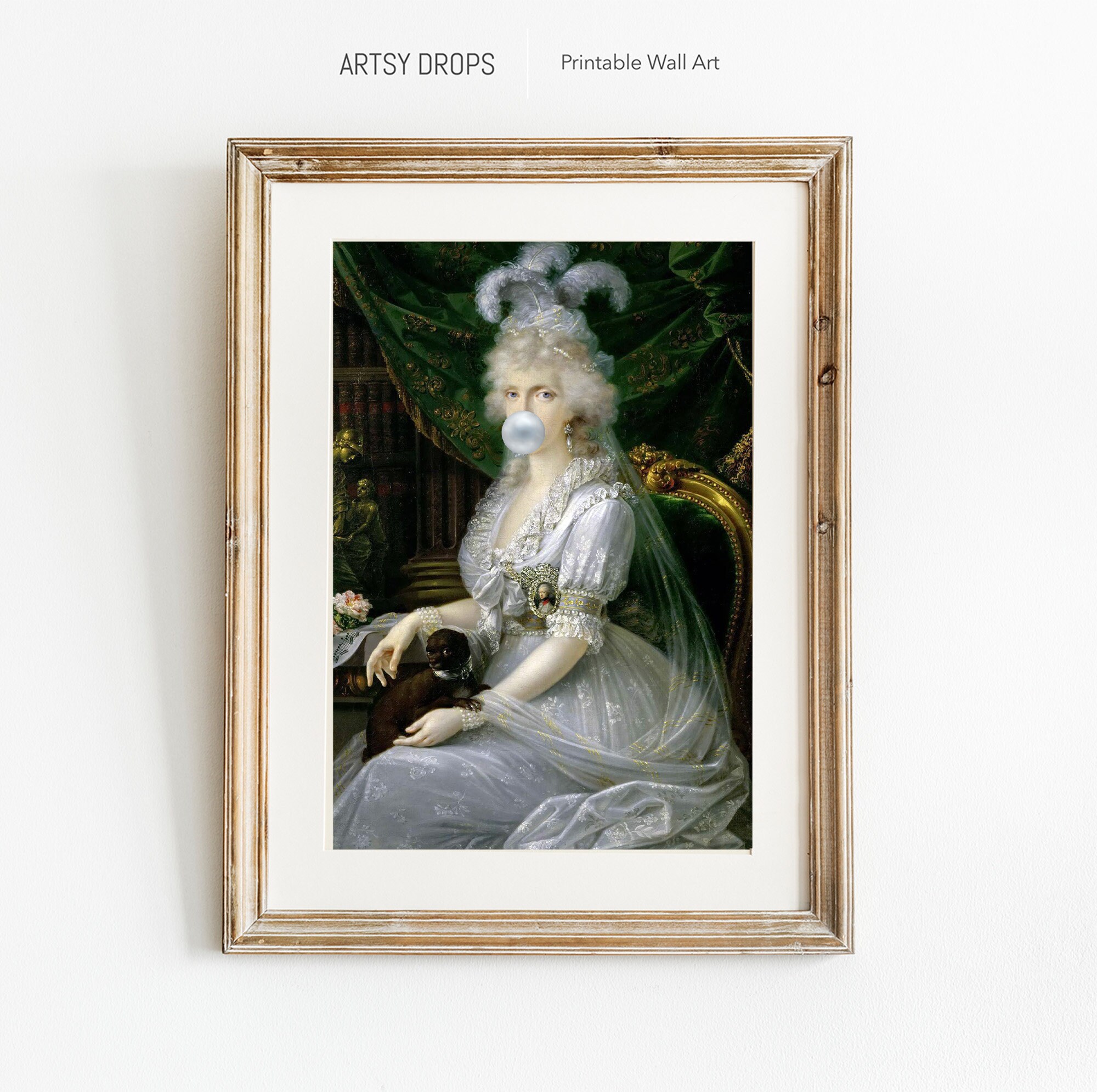 ロココ調の風船ガムを吹く女性の絵画 - フランスのヴィンテージ肖像画