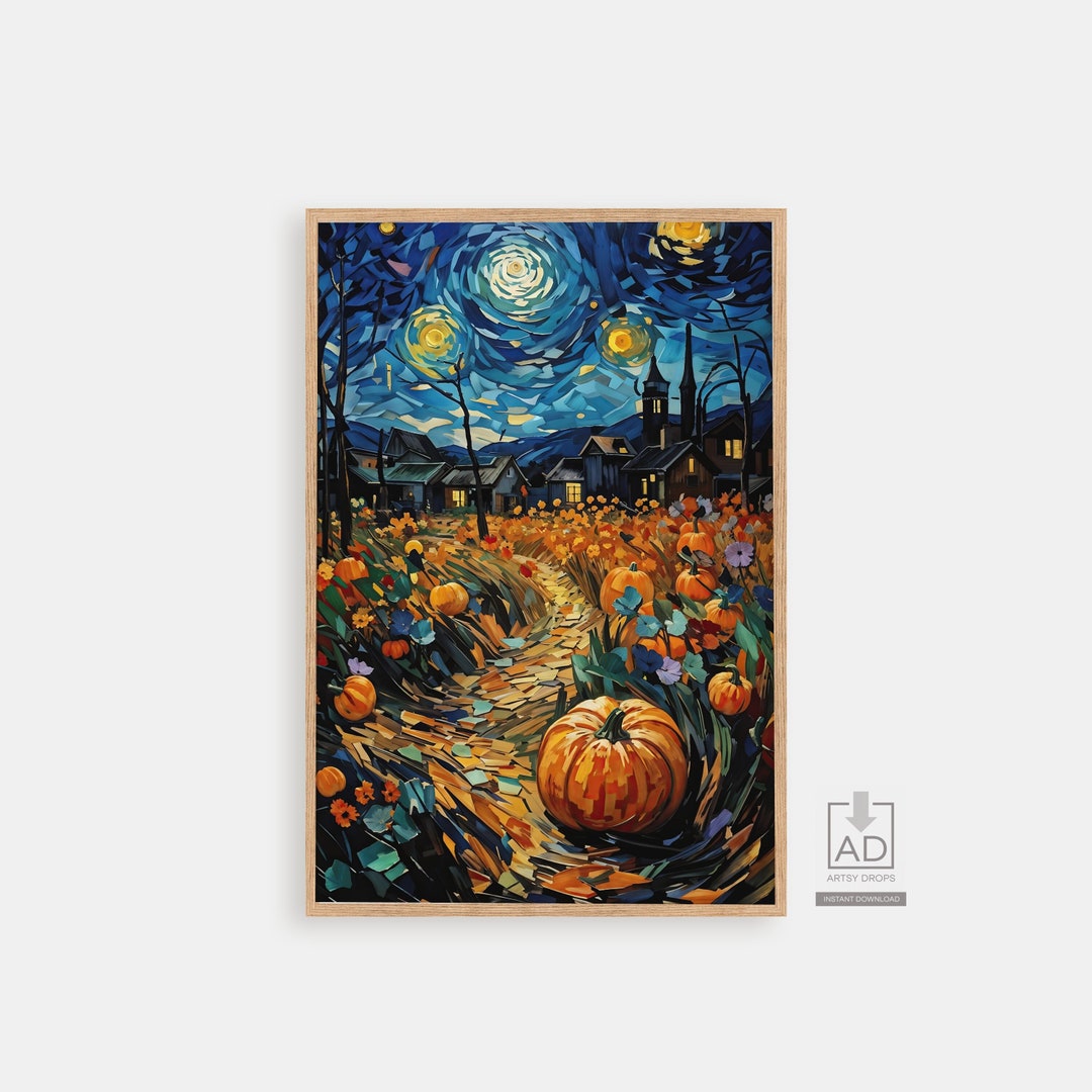 Starry Night Pumpkin Village Digital Artwork, Autumn Night Landscape ...