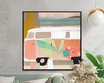 Puede incluir: Una pintura abstracta colorida de una camioneta vintage con una escena de playa en el fondo. La camioneta está pintada en tonos de rosa, verde, azul y naranja. La escena de playa está pintada en tonos de azul y blanco.