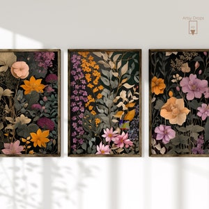 Floral Prints, Set of 3, Dark Cottagecore Art Prints, Vintage Wall Decor, Cottage, Dark Flower Painting Printable Art, Moody Floral Wall Art