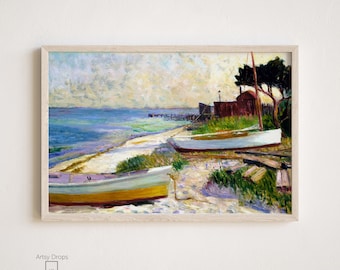Vintage Seascape Nautical Oil Painting - Neutral Coastal Printable Art Download