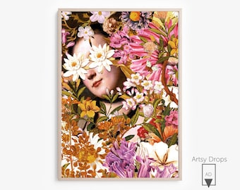 May include: A collage of colourful flowers and a woman's face, with the flowers obscuring her eyes. The flowers are in shades of pink, white, yellow, and orange.
