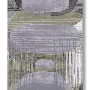 May include: Abstract art print with overlapping gray and green shapes. The shapes are layered on top of each other, creating a sense of depth and dimension. The print is a modern and stylish addition to any home decor.