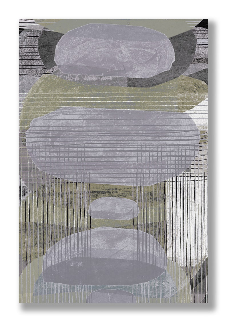 May include: Abstract art print with overlapping gray and green shapes. The shapes are layered on top of each other, creating a sense of depth and dimension. The print is a modern and stylish addition to any home decor.