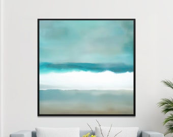 May include: Abstract painting of a seascape with shades of blue, white, and gray. The painting is framed in a black frame and is hanging on a white wall.
