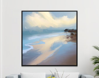 Puede incluir: Una pintura que representa una escena de playa con una gran nube blanca en el cielo. El agua es de color azul claro y la arena es de color marrón claro. La pintura está enmarcada en negro.