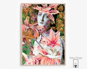 May include: A digital collage featuring a woman's face partially obscured by pink and green leaves. The background is a gold and brown pattern with a white crane flying through the leaves.