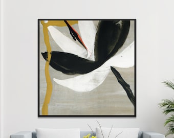 May include: Abstract art print featuring a black, white, and gold floral design on a gray background. The print is framed in a black frame.