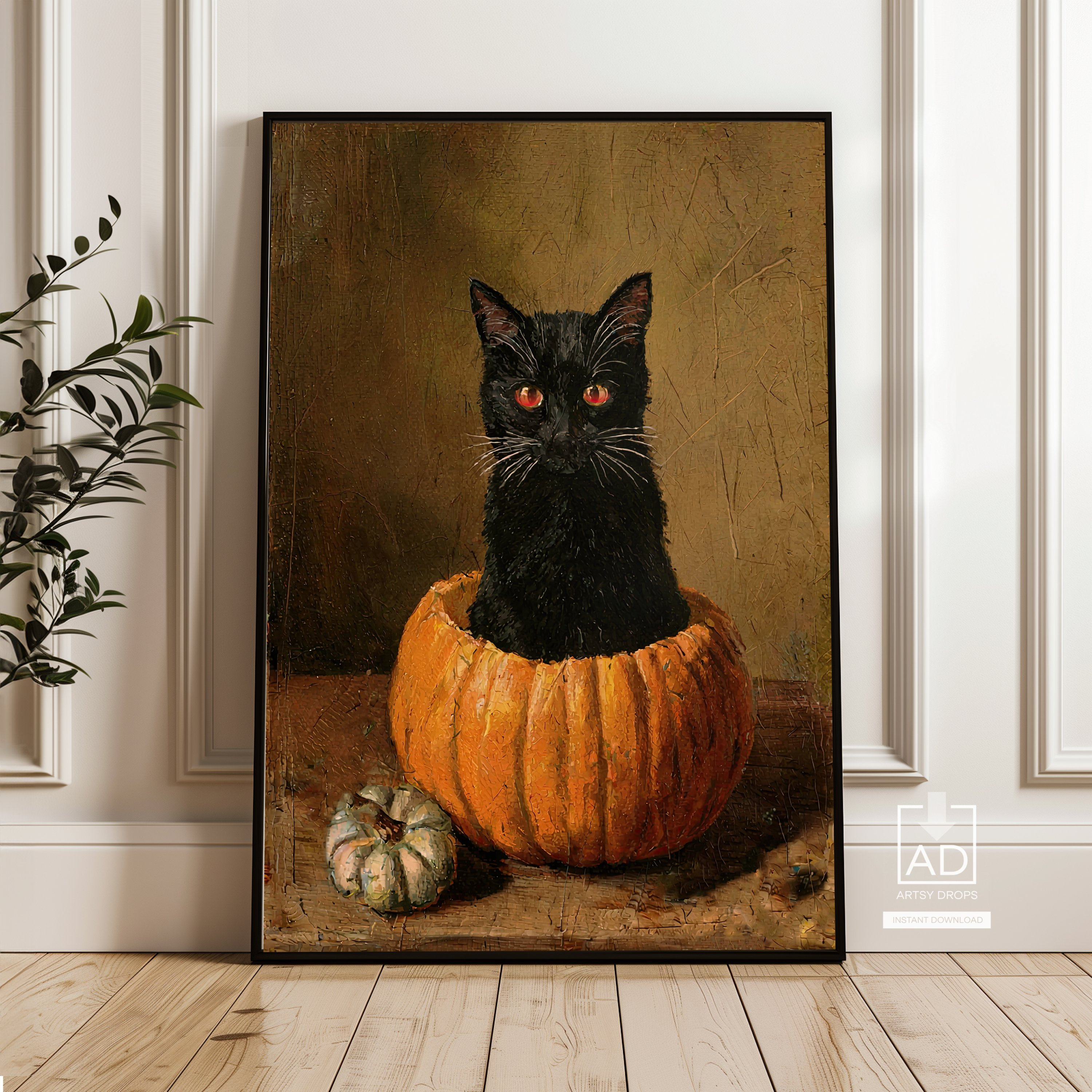 ヴィンテージの黒猫かぼちゃアートプリント：不気味なハロウィン