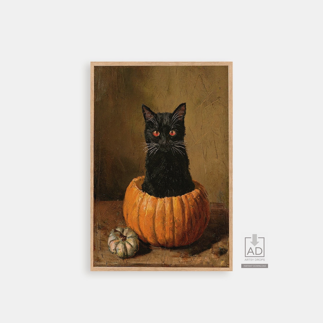 Vintage Black Cat Pumpkin Art Print: Spooky Halloween Decor (digital ...