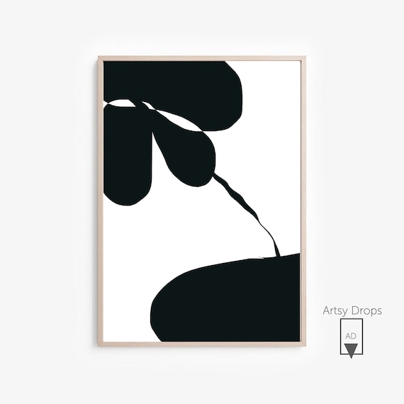 Moody Botanical Art, Organic Shapes, Large Abstract Print, Digital Download Abstract Botanical, Neutral Botanical White, Black Wall Art,