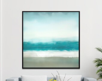 Vierkant abstracte kunstdruk zeegezicht - rustgevend groenblauw zonsonderganglandschap
