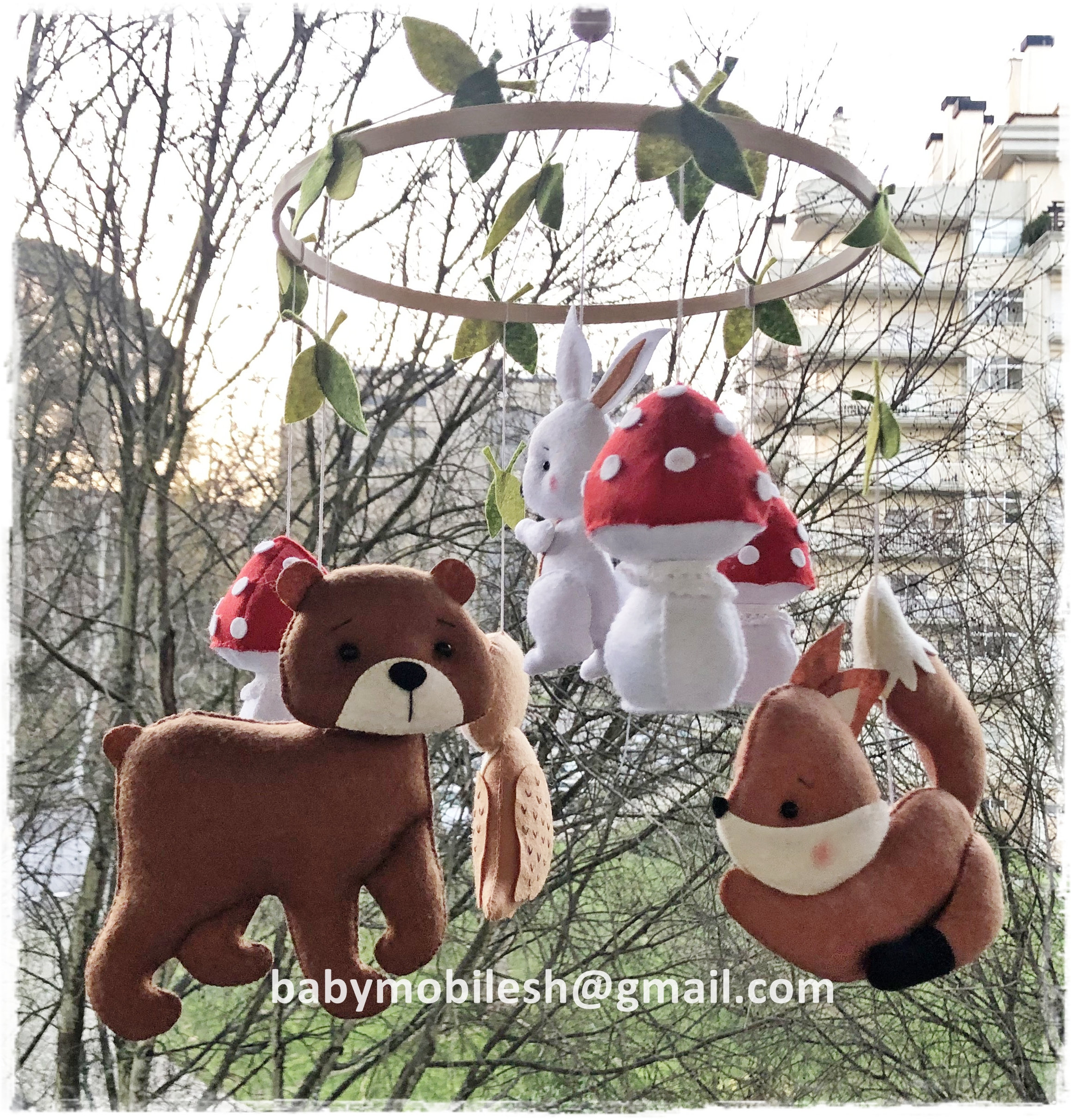 Handmade Woodland Crib Mobile: Bear, Fox, Rabbit, Mushrooms