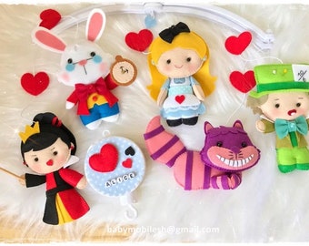 alice In wonderland mobile mad hatter queen of hearts cheshire cat felt crafts baby mobile baby shower gift bedding hanging nursery decor