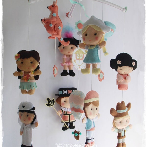 Baby Mobile Its a Small World Nursery Decor Bedding Hanging Tolerance Handmade Cowboy British Beefeater Greek Boy Qatari Boy Geisha Pastel