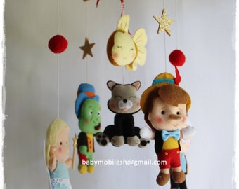 Pinocchio Felt Crib Mobile: Vintage Nursery Decor