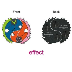 May include: A round, colorful pin with a yin-yang design. The front features a blue, green, orange, and pink. The back is black with two pin clasps and text that reads "Luke S Designs BackyardblotterArt 1/100".