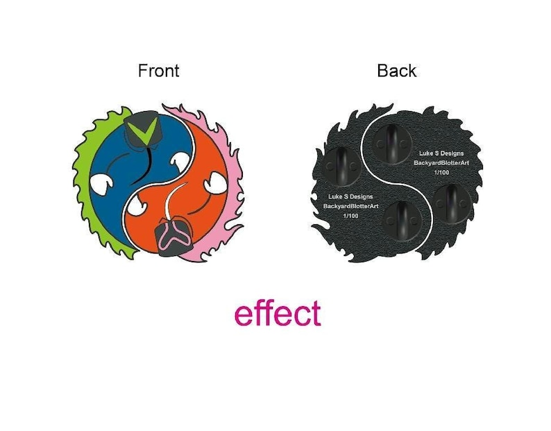 May include: A round, colorful pin with a yin-yang design. The front features a blue, green, orange, and pink. The back is black with two pin clasps and text that reads "Luke S Designs BackyardblotterArt 1/100".