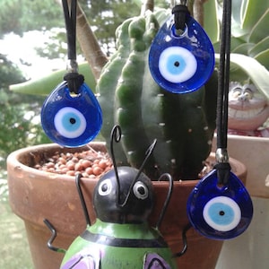Evil eye necklace traditional handmade deep blue glass 30mm by 30mm Teardrop with 28 inch faux leather cord