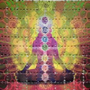 May include: A colorful psychedelic image of a person sitting in a meditative pose with seven chakras represented by colored circles along the spine. The background is a swirling pattern of green, yellow, and orange.