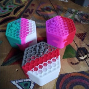 Pu&ograve; includere: Tre contenitori esagonali in silicone con un motivo a nido d'ape e un designo di ape. I contenitori sono rosa, verde e rosso.